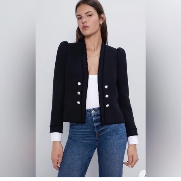 Zara Tweed Poplin Puff Sleeve Rhinestone Button Bloggers Favorite Open BlazerS